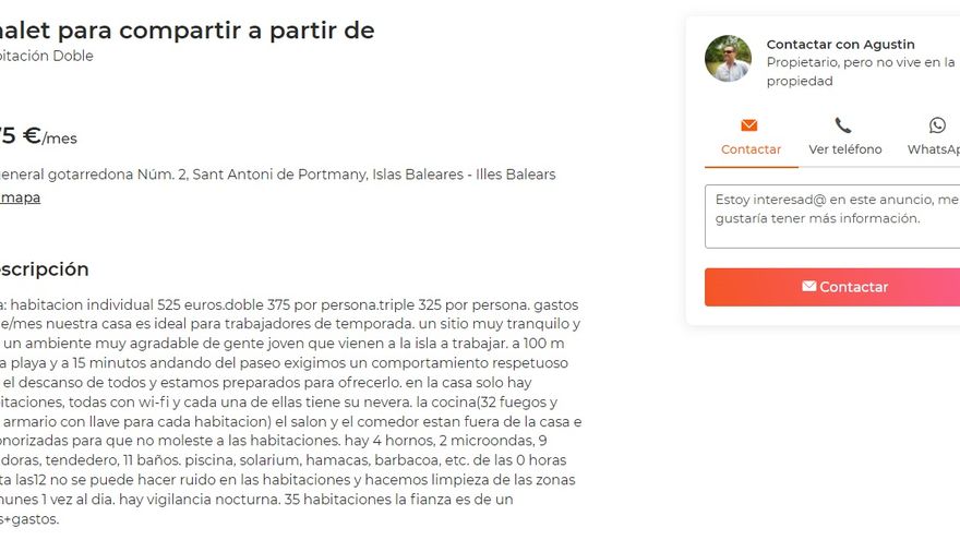 Rent in Ibiza's 'chalet patera': almost 1,000 euros for a triple room