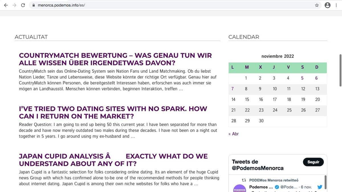 Imagen de la web de Podemos Menorca, con noticias ajenas a la formaciÃ³n sobre portales de citas.