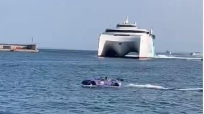 A sports car sails in Ibiza’s waters