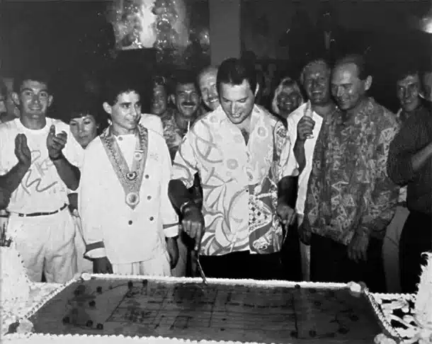 Freddie Mercury during his birthday party at the Pikes Hotel.