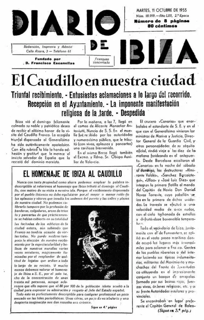 1955 cover of Diario de Ibiza on the occasion of General Francisco Franco's visit to the island