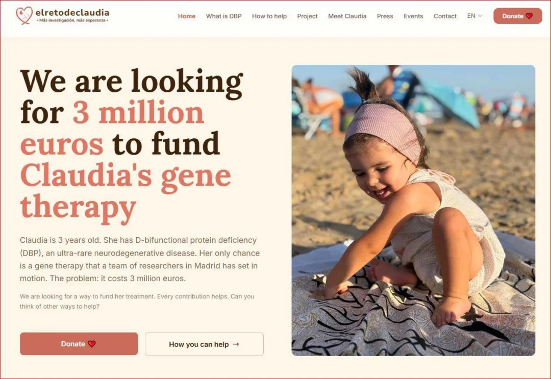 Screenshot of the homepage of the website www.elretodeclaudia.org, where she explains her case and how to make donations